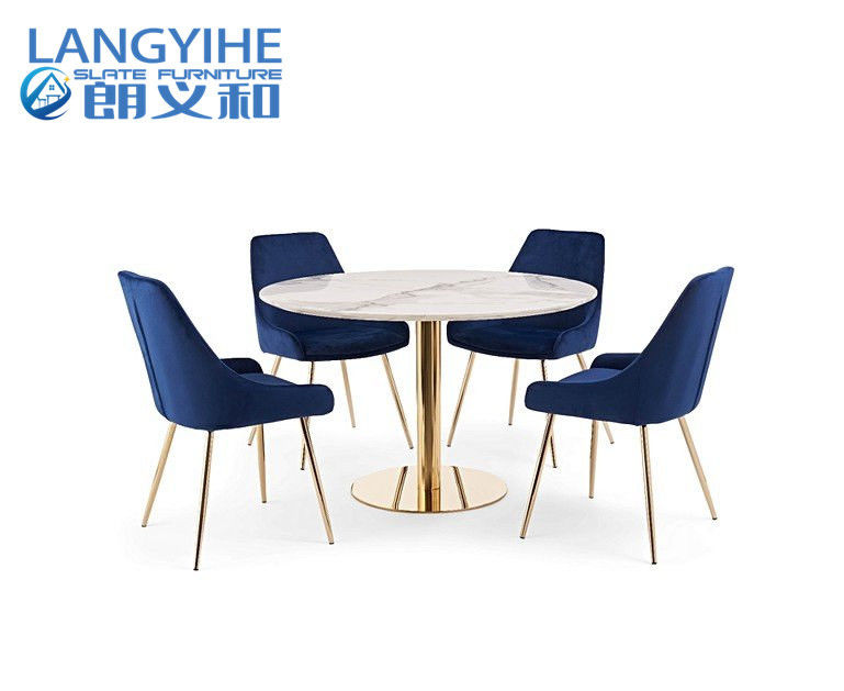 ISO 9001 120cm Ronde Marmeren Effect Eettafel met Fern Velvet Chairs Blue