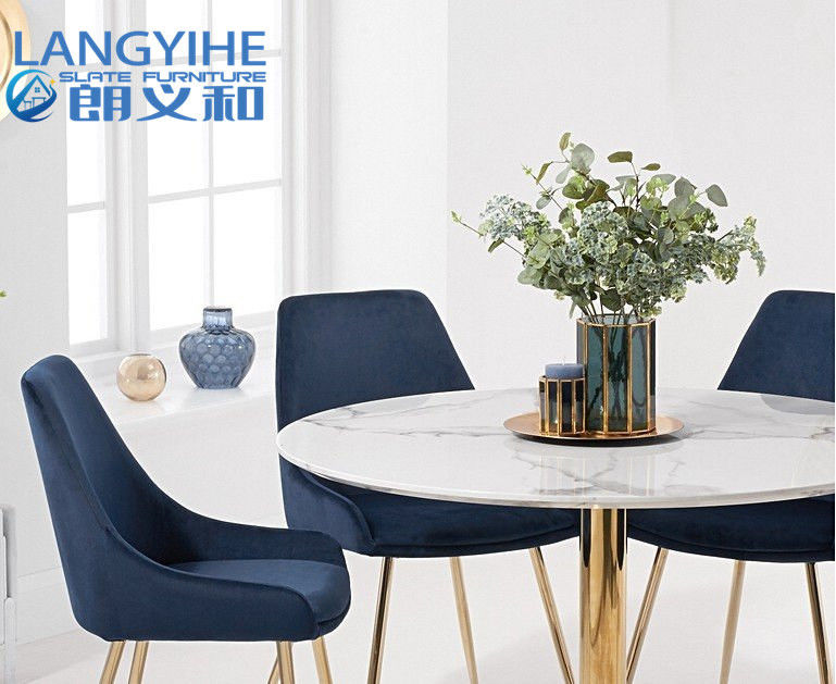 ISO 9001 120cm Ronde Marmeren Effect Eettafel met Fern Velvet Chairs Blue