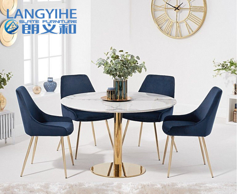 ISO 9001 120cm Ronde Marmeren Effect Eettafel met Fern Velvet Chairs Blue