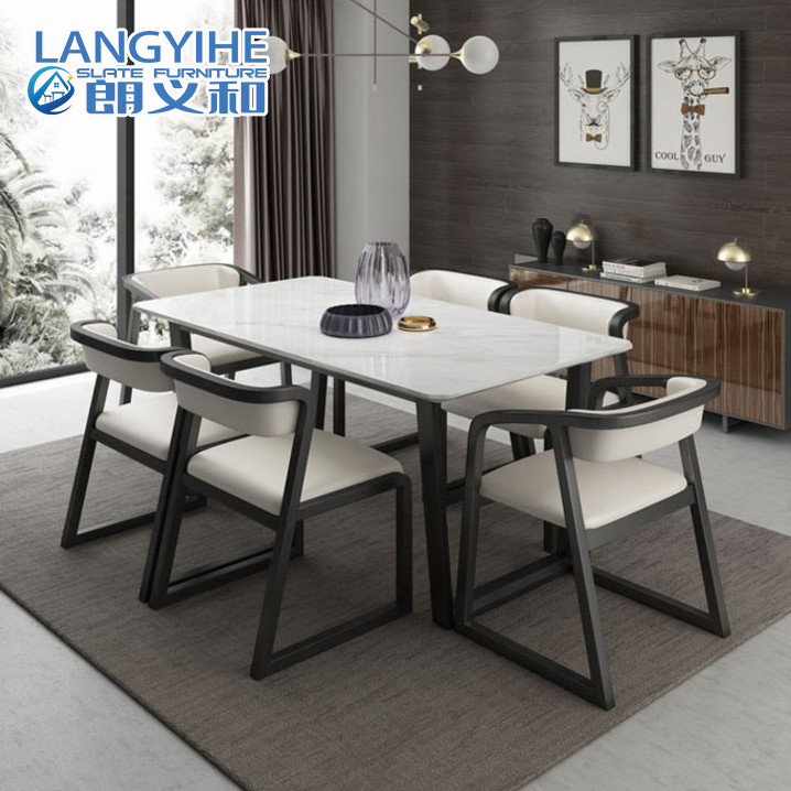 Marmeren Stevige Houten Eettafel en Stoel Noordse Moderne Minimalistisch